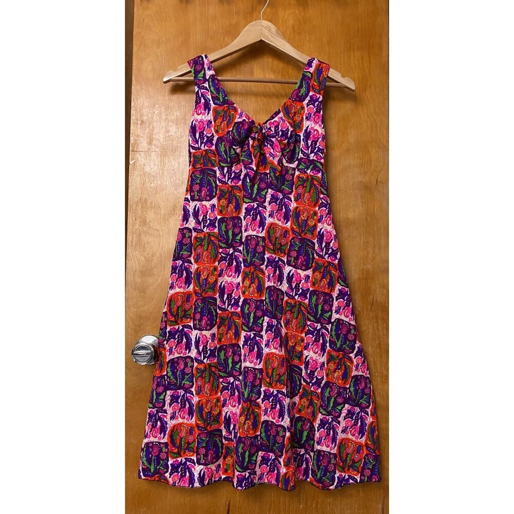 Vintage 70s Pomare Tahiti Hawaiian Midi Dress Empire Neon Psychedelic Sz 6 XS